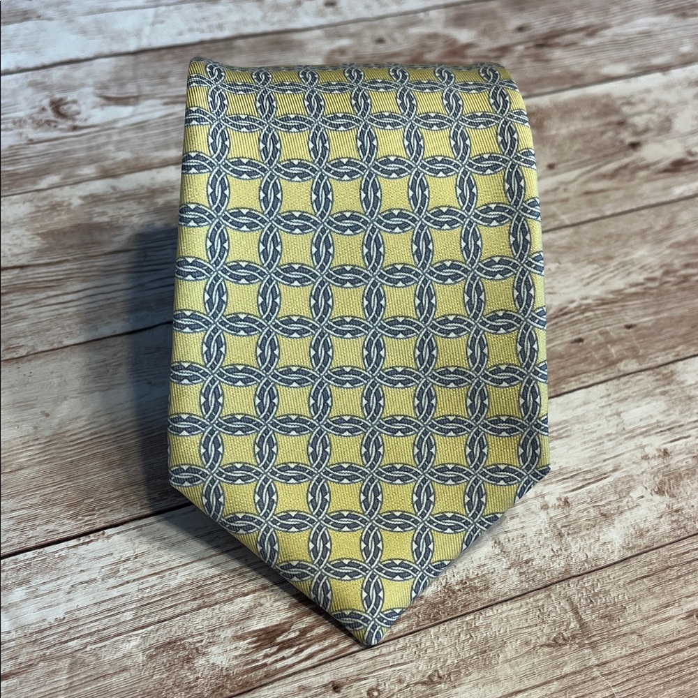 Hermes 100% Silk Yellow and Blue Geometric Patterned Tie